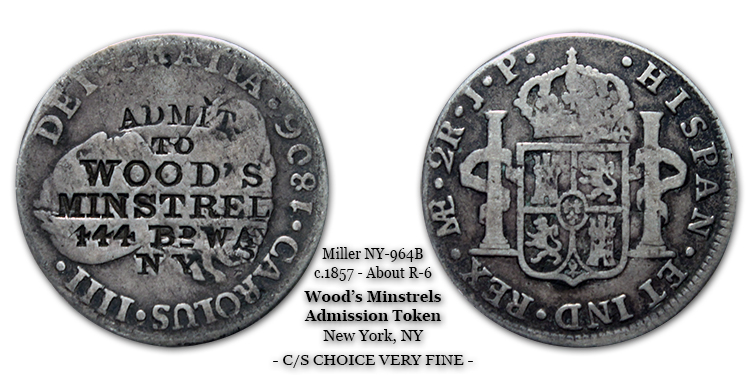 Miller NY-964B c.1857 Wood's Minstrels counterstamped token struck atop an 1806 2-reale host.