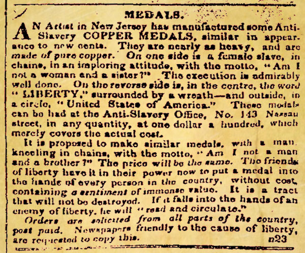 November 23rd 1837 notice in The Emancipator