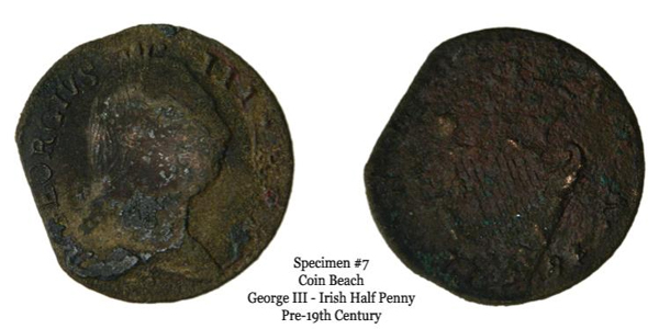 Specimen 7 is by far the most intact specimen. 'GEORGIVS III' is readily identifiable on the obverse, and the Irish harp is easily spotted on the reverse. Moreover, the date on the specimen can be identified as 1781. It is plausible that it is regal, given that regal Irish half pennies were struck in 1781. That said, it is unclear definitively if the specimen is regal or a contemporary counterfeit.