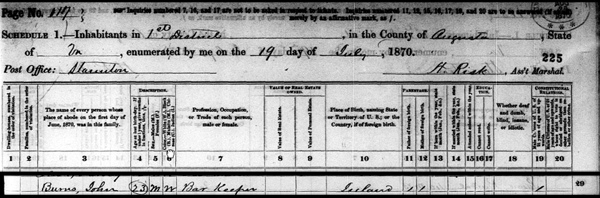 1870 Census John Burns Irishman Staunton Augusta County Virginia Dime Saloon Bar Keeper