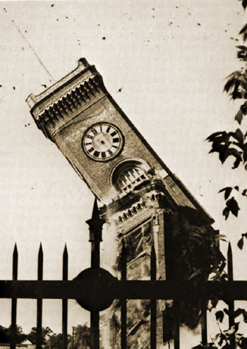 Elgin clock tower being raised in 1966